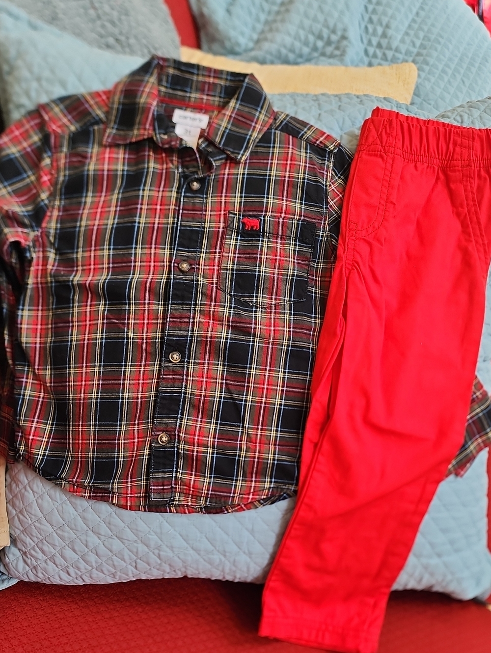 3T Carter's Red and Black Plaid Button-Down Shirt with Red Cotton Pull-on Pants